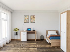 Σετ επίπλων Boston AK124, Riviera δρυς, Γυαλιστερό λευκό, Πλαστικοποιημένη μοριοσανίδα, Πόρτες ντουλάπας: Με μεντεσέδες, Αποθηκευτικός χώρος, 90x200