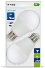 V-TAC Λάμπα LED E27 15W A65 2700Κ Θερμό Λευκό συσκευασία blister 2 τμχ. 7300