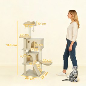 Δέντρο για γάτες 140 εκ. Πύργος για γάτες με αιώρα, σκάλα, σπηλιά, 2 μπάλες από βελούδο, στύλοι από σιζάλ, 48 x 48 x 140 εκ., Μπεζ