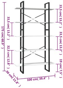 vidaXL Βιβλιοθήκη με 5 Ράφια Λευκή 100 x 30 x 175 εκ από Ξύλο Πεύκου