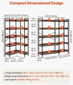 VEVOR 5 Tier Corner Bookshelf Tall Corner Bookcase with 4 Hooks L-Shaped Storage