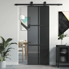 Συρόμενη Πόρτα Μαύρη 76 x 205 εκ. από Ψημένο Γυαλί / Αλουμίνιο