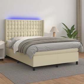 vidaXL Κρεβάτι Boxspring με Στρώμα &amp; LED Κρεμ 140x200 εκ. Συνθ. Δέρμα