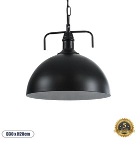 GloboStar® LARKIN 01175 Vintage Κρεμαστό Φωτιστικό Οροφής Μονόφωτο 1 x E27 Μαύρο Μεταλλικό Καμπάνα Φ31 x Y30cm