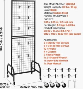 VEVOR Grid Wall Panel 600 x 1640 mm Wire Display Rack with Wheels and 10 Hooks