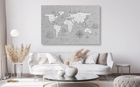 Εικόνα στο φελλό ενός ενδιαφέροντος ασπρόμαυρου χάρτη του κόσμου - 120x80  arrow