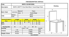 Καρέκλα Μεταλλική BETTY Μαύρη/Ύφασμα Suede Μπεζ 45x60x87cm (Σετ 4 ΤΕΜ)