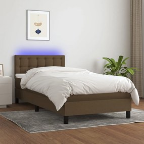 vidaXL Κρεβάτι Boxspring με Στρώμα &amp; LED Σκ.Καφέ 100x200 εκ Υφασμάτινο