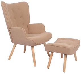 Πολυθρόνα Μπερζέρα Με Υποπόδιο ArteLibre ANIDORI Ανοιχτό Καφέ Ύφασμα/Ξύλο 73x69x96cm