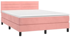 vidaXL Κρεβάτι Boxspring με Στρώμα &amp; LED Ροζ 140x200 εκ. Βελούδινο