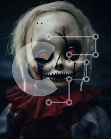 Intra Συλλεκτικό Ξύλινο Παζλ Plywood  4mm - Ανατριχιαστική κούκλα με κόκκινα μάτια για το Halloween Σε Ξύλινο Κουτί - Διαστάσεις Puzzle: 10x10 cm – 25 κομμάτια