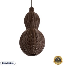 02169 GloboStar® KINGSTOWN 02169 Boho Κρεμαστό Φωτιστικό Πλέγμα Μονόφωτο 1 x E27 IP20 Καφέ Ξύλο - Μ30 x Π30 x Υ60cm