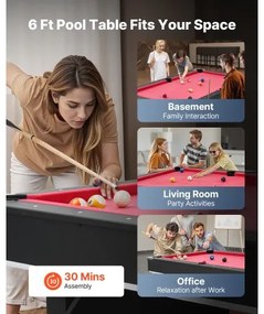 VEVOR Pool Table, 183cm Portable Billiards Tables, Adjustable Feet Stable Game Table, Entertainment Set Includes Ball, Cue, Rack, Chalk and Brush, Black with Red Cloth, for Family Use, Recreation Room