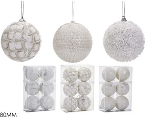 Χριστουγεννιάτικη Μπάλα Λευκό 80mm Σετ 6Τμχ Σε 3 Σχέδια