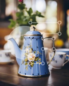 Intra Συλλεκτικό Ξύλινο Παζλ Plywood 4mm - Μπλε τσαγιέρα και φλιτζάνια σε ξύλινο τραπέζι Σε Ξύλινο Κουτί - Διαστάσεις: 10x10 cm – 25 κομμάτια