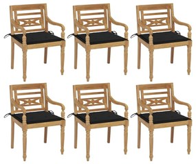 Καρέκλες Batavia 6 τεμ. από Μασίφ Ξύλο Teak με Μαξιλάρια - Μαύρο