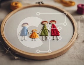 Intra Συλλεκτικό Ξύλινο Παζλ Plywood  4mm - Κέντημα τσέρκι με οικογενειακό πορτρέτο Σε Ξύλινο Κουτί - Διαστάσεις Puzzle: 10x10 cm – 25 κομμάτια