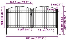 vidaXL Καγκελόπορτα Διπλή με Αψιδωτή Κορυφή Μαύρη 400x200 εκ. Ατσάλινη