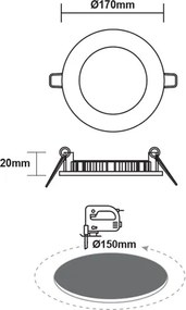 Led slim panel λευκό στρογγυλό χωνευτό 12W 230V θερμό λευκό φως 3000k δέσμης 120° 900lm