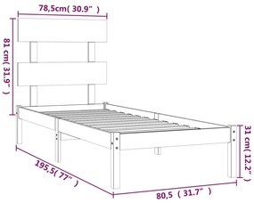 vidaXL Πλαίσιο Κρεβατιού Μαύρο 75 x 190εκ. από Μασίφ Ξύλο Small Single