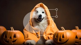 Σετ των 2 Intra Συλλεκτικό Ξύλινο Παζλ Plywood 4mm - Σκύλος με κοστούμι κολοκύθας σε σκούρο φόντο Σε Ξύλινο Κουτί - Διαστάσεις: 10x10 cm – 25 κομμάτια