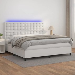 Κρεβάτι Boxspring με Στρώμα & LED Λευκό 200x200 εκ. Συνθ. Δέρμα