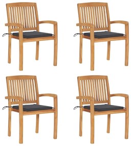 Καρέκλες Κήπου Στοιβαζόμενες 4 τεμ. Μασίφ Ξύλο Teak &amp; Μαξιλάρια - Ανθρακί