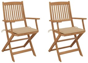 Καρέκλες Κήπου Πτυσσόμενες 2 τεμ Μασίφ Ξύλο Ακακίας &amp; Μαξιλάρια - Μπεζ
