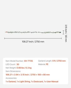 VEVOR 9Ft Christmas Garland with Faux Vines Berries Olive Leaves &amp; Light String