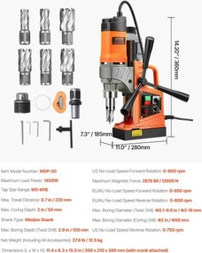 Magnetic Drill 1450W 2878 lbf Portable Mag Drill Press 2 in Boring Diameter