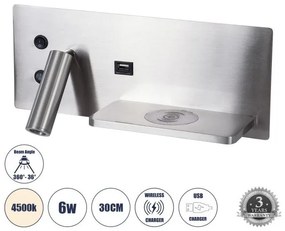 Απλίκα Φωτιστικό Τοίχου Ξενοδοχείου LED 6W 720lm Δεξί PALADIN Globostar-61356-Νίκελ Ματ 61356