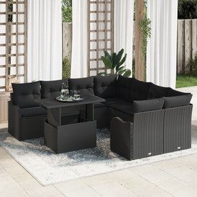 vidaXL 9 Τεμαχίων Σετ Καναπέ Κήπου με Μαξιλάρια Μαύρο Poly Rattan