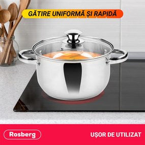 Κατσαρόλα Rosberg R51210O24, 5L, 24 cm, Γυάλινο καπάκι με τρύπα εκτόνωσης ατμού, Inox