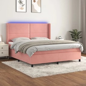 vidaXL Κρεβάτι Boxspring με Στρώμα &amp; LED Ροζ 180x200 εκ. Βελούδινο