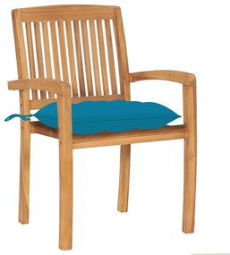 Καρέκλες Κήπου Στοιβαζόμενες 4 τεμ. Μασίφ Ξύλο Teak + Μαξιλάρια - Μπλε