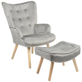 Armchair with footstool Vivienne velvet fabric grey-natural leg 75x69x96cm 75x69x96 εκ.