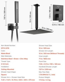 VEVOR Shower Faucet Set 12&quot; Square Rain Shower Head and Hand Set Matte Black