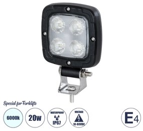 GloboStar® 85399 E4 Mark Vehicle &amp; Forklift Work Lights - Φώτα Εργασίας για Οχήματα Περονοφόρα - Κλάρκ LED 20W DC 10-80V Αδιάβροχο IP67 Ψυχρό Λευκό 6000K Μ11 x Π11 x Υ5cm