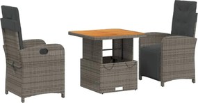 vidaXL Σετ Τραπεζαρίας Κήπου 3 τεμ. Γκρι Συνθ. Ρατάν με Μαξιλάρια