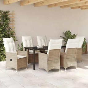 vidaXL Σέτ φαγητού για κήπο με μαξιλάρι 7 pcs Μπεζ Πολυ ράταν
