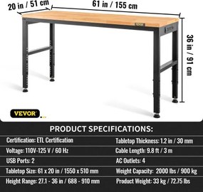 VEVOR Adjustable Height Workbench 61"L x 20"W Work Bench Table with Power Outlet