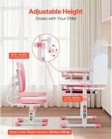 VEVOR Kids Study Chair and Desk with Bookshelf &amp; Drawer Height Adjustable Pink