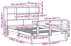 Κρεβάτι Βιβλιοθήκη Χωρίς Στρώμα 135x190 εκ Μασίφ Ξύλο Πεύκου - Καφέ