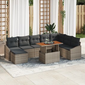 vidaXL 9 Κομμάτι Σετ Επίπλων Γέgarden Υπαίθριας Διατροφής με Μαξιλάρια Γκρι Πολυ Ράτταν Ακακία