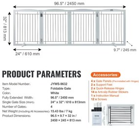 VEVOR Free Standing Dog Gate 32x96.5 inch Freestanding Pet Gate Foldable White