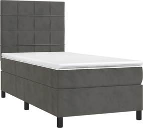 vidaXL Κρεβάτι Boxspring με Στρώμα &amp; LED Σκ. Γκρι 90x190 εκ. Βελούδινο
