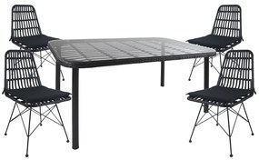Σετ Τραπεζαρία Κήπου ArteLibre AMPIUS Μαύρο Μέταλλο/Rattan/Γυαλί Με 4 Καρέκλες 14990361-14990361