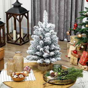 HOMCOM Μίνι Τεχνητό Χριστουγεννιάτικο Δέντρο 60 εκ. Ελατοδέντρο τεχνητό με Χιόνι, 72 Κλαδιά 6 Κουκουνάρια Βάση Τσιμέντου