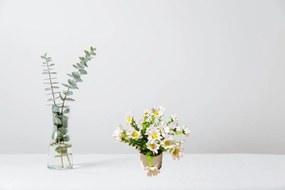 Τεχνητό λουλούδι άγρια μαργαρίτα σε λευκή πλαστική γλάστρα Λευκό