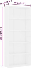 vidaXL Βιβλιοθήκη με 5 Ράφια Λευκή 80 x 30 x 189 εκ. Επεξ. Ξύλο